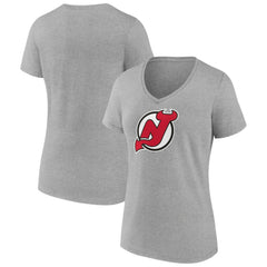 New Jersey Devils Women's Primary Logo Team V-Neck T-Shirt Heather Gray