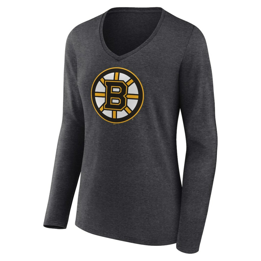 Boston Bruins Women's Primary Team Logo Long Sleeve V-Neck T-Shirt Heather Charcoal