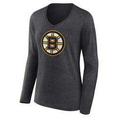 Boston Bruins Women's Primary Team Logo Long Sleeve V-Neck T-Shirt Heather Charcoal