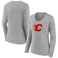 Calgary Flames Women's Primary Logo Team Long Sleeve V-Neck T-Shirt Heather Gray