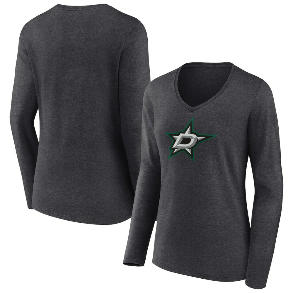 Dallas Stars Women's Primary Team Logo Long Sleeve V-Neck T-Shirt Heather Charcoal