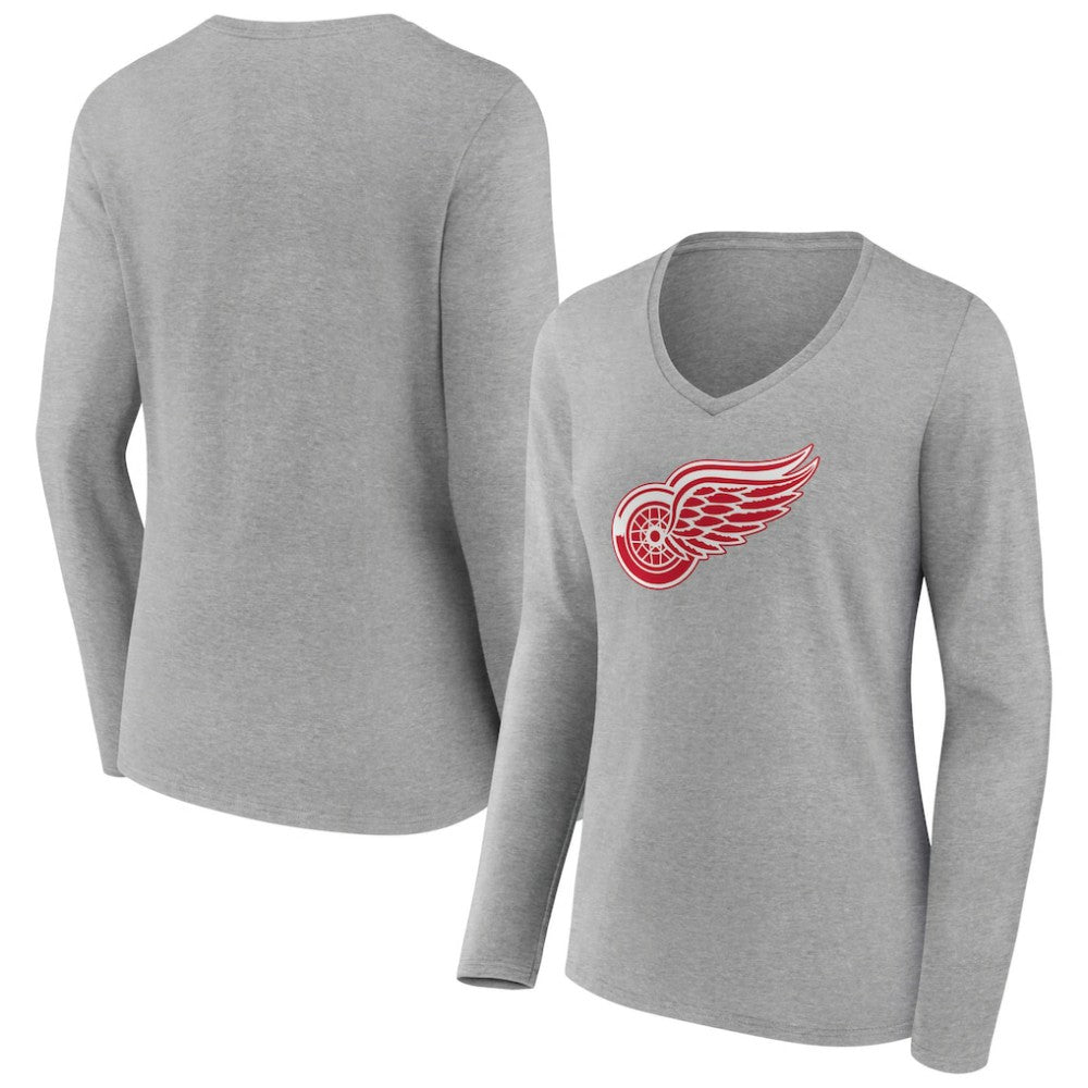 Detroit Red Wings Women's Primary Logo Team Long Sleeve V-Neck T-Shirt Heather Gray