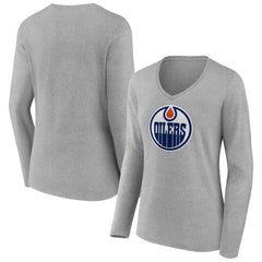 Edmonton Oilers Women's Primary Logo Team Long Sleeve V-Neck T-Shirt Heather Gray