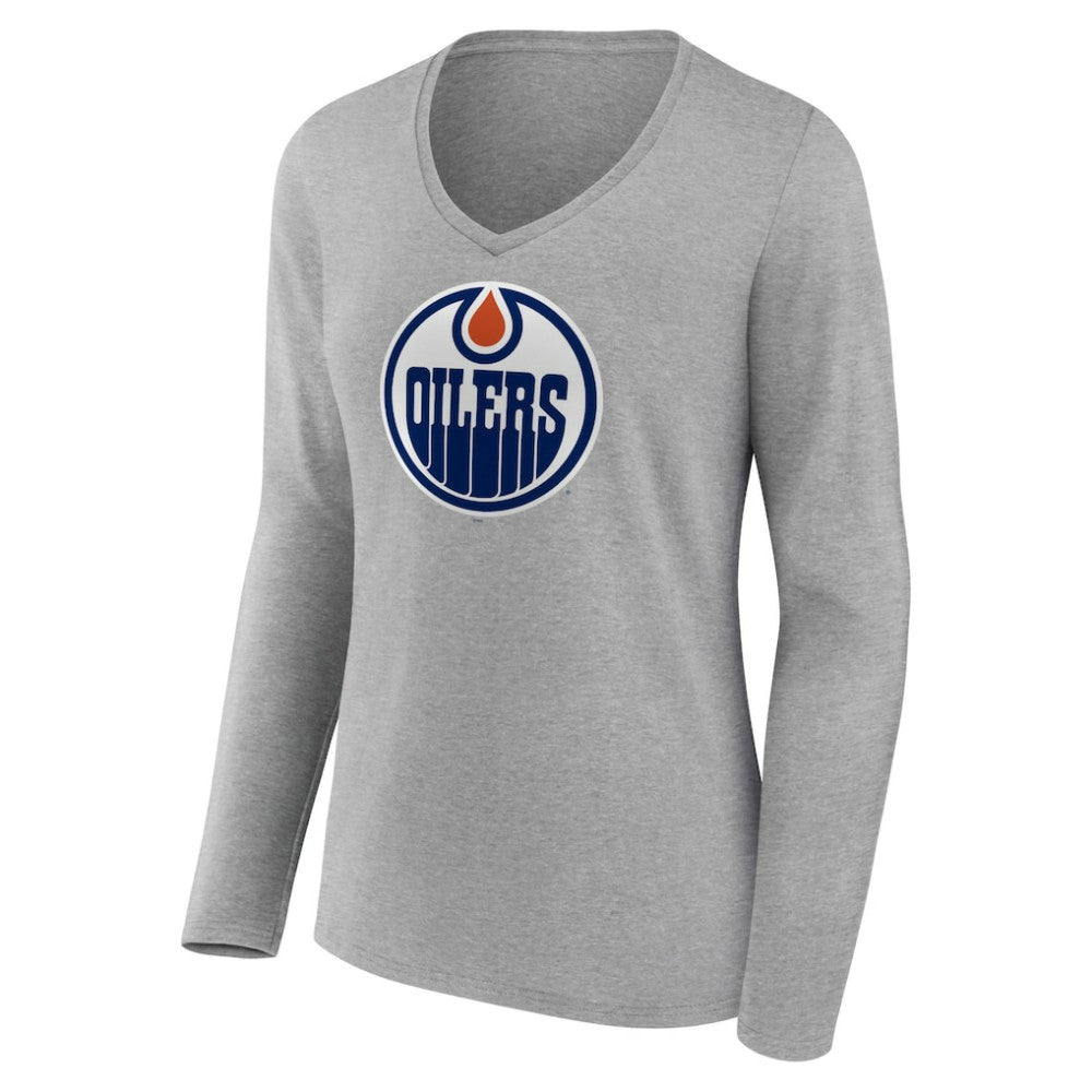 Edmonton Oilers Women's Primary Logo Team Long Sleeve V-Neck T-Shirt Heather Gray
