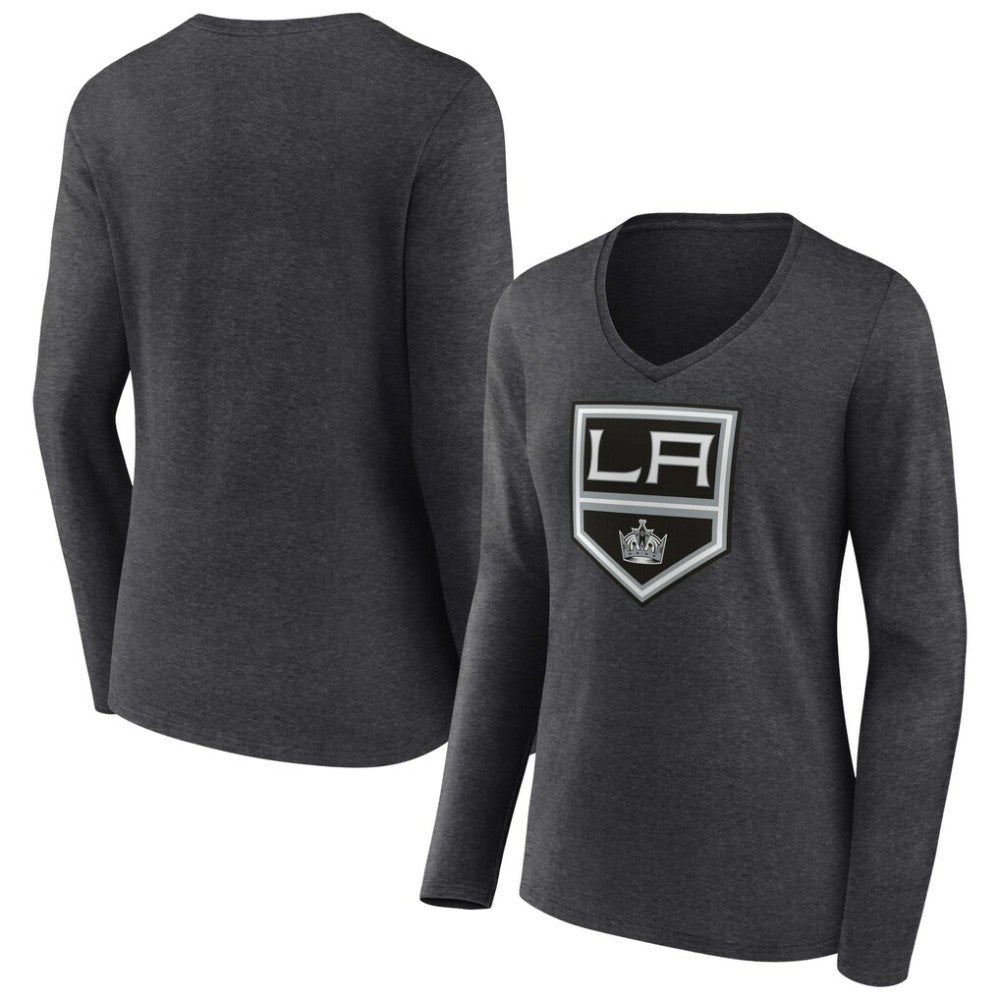 Los Angeles Kings Women's Primary Team Logo Long Sleeve V-Neck T-Shirt Heather Charcoal