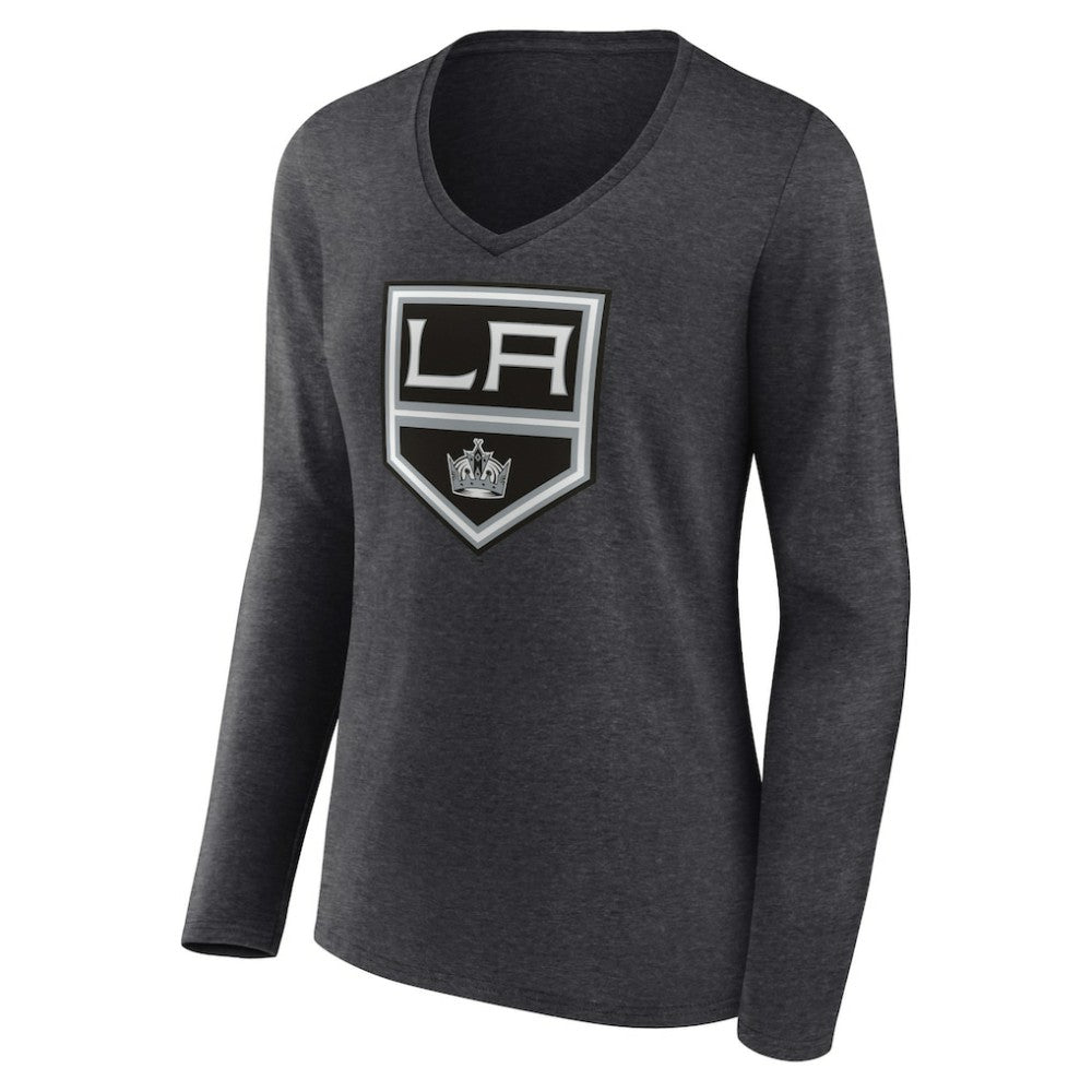 Los Angeles Kings Women's Primary Team Logo Long Sleeve V-Neck T-Shirt Heather Charcoal