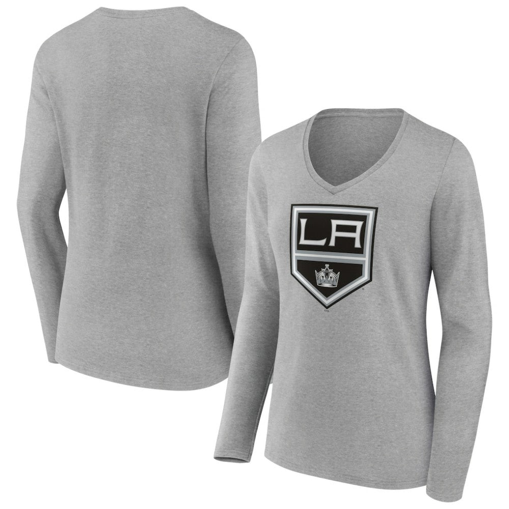 Los Angeles Kings Women's Primary Logo Team Long Sleeve V-Neck T-Shirt Heather Gray
