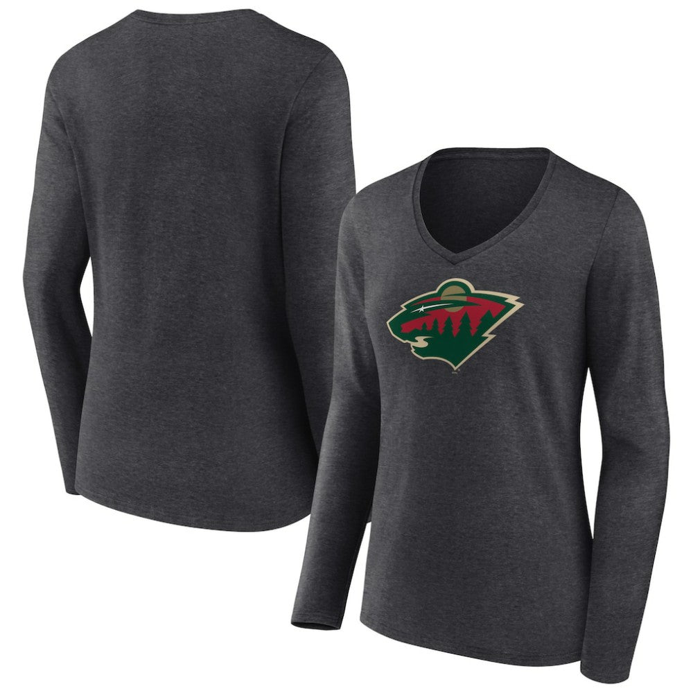 Minnesota Wild Women's Primary Team Logo Long Sleeve V-Neck T-Shirt Heather Charcoal