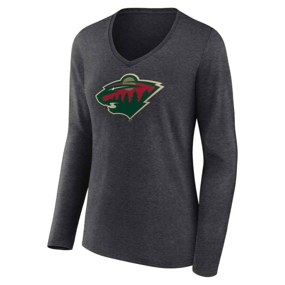 Minnesota Wild Women's Primary Team Logo Long Sleeve V-Neck T-Shirt Heather Charcoal