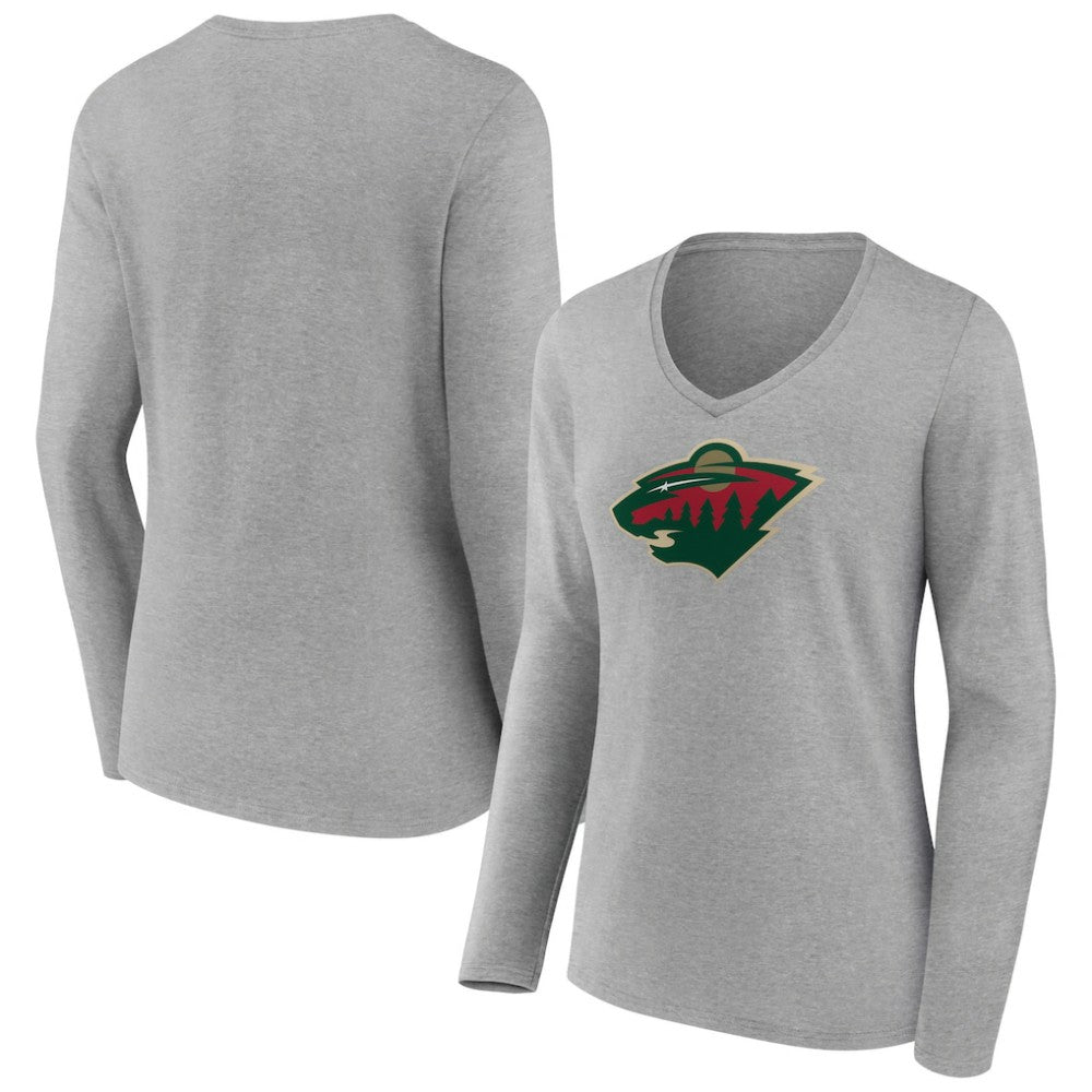 Minnesota Wild Women's Primary Logo Team Long Sleeve V-Neck T-Shirt Heather Gray