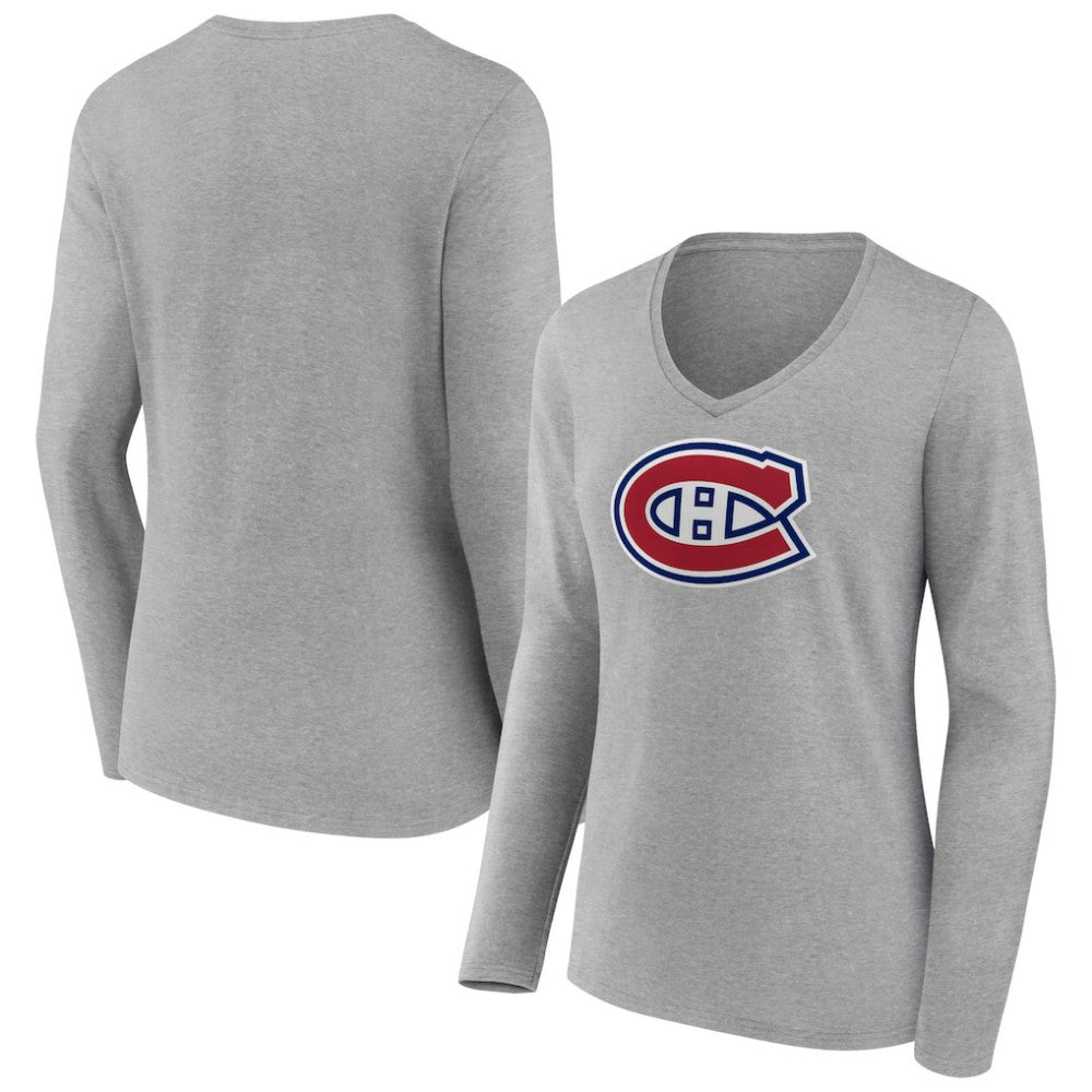 Montreal Canadiens Women's Primary Logo Team Long Sleeve V-Neck T-Shirt Heather Gray