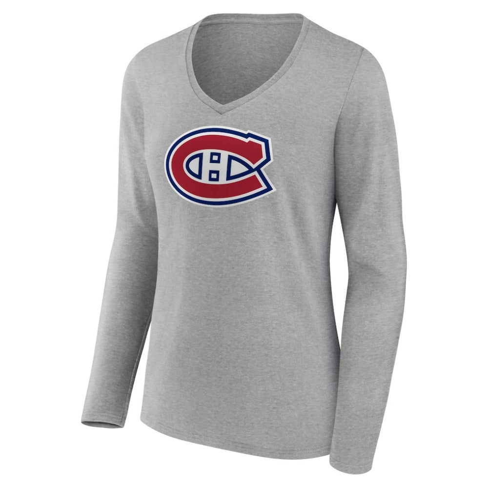 Montreal Canadiens Women's Primary Logo Team Long Sleeve V-Neck T-Shirt Heather Gray