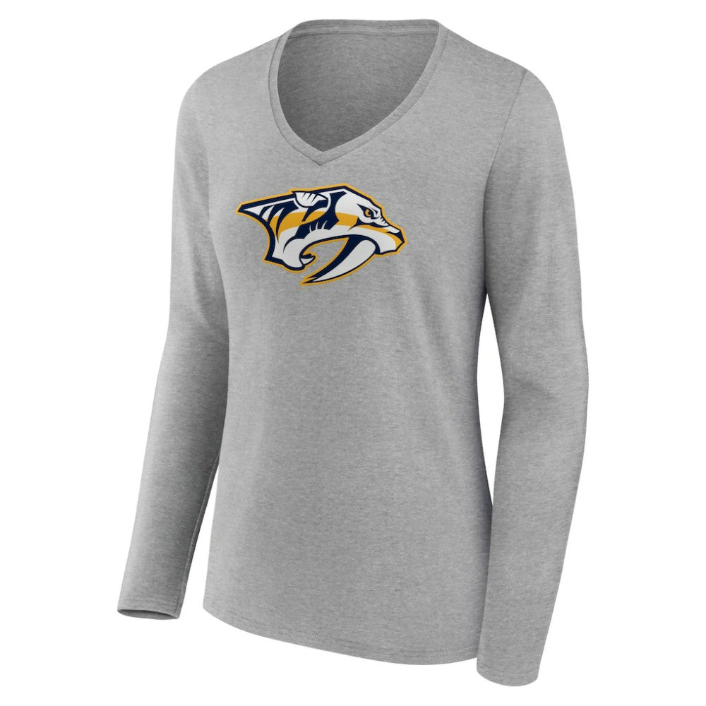 Nashville Predators Women's Primary Logo Team Long Sleeve V-Neck T-Shirt Heather Gray