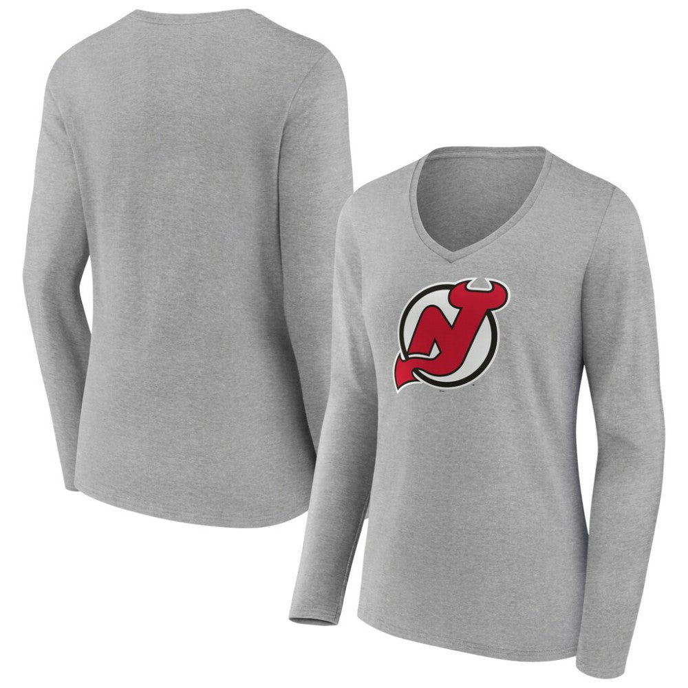 New Jersey Devils Women's Primary Logo Team Long Sleeve V-Neck T-Shirt Heather Gray