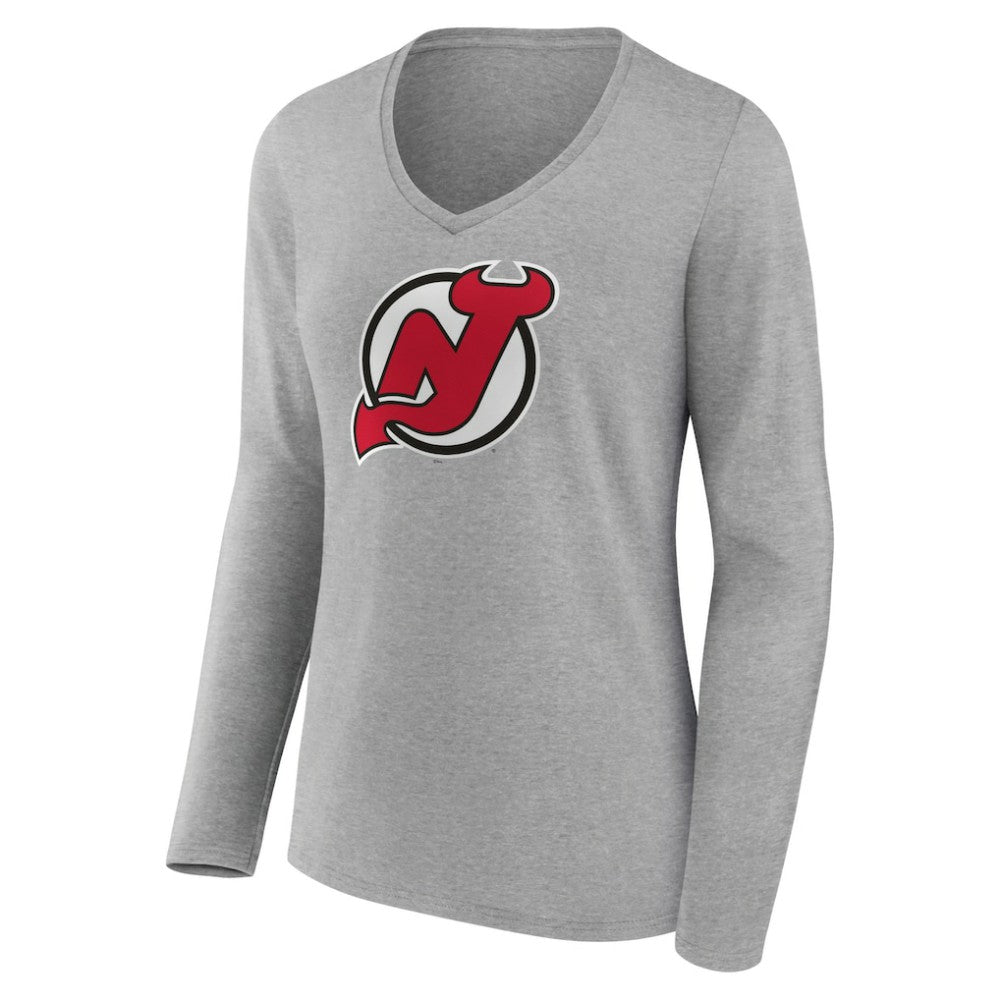 New Jersey Devils Women's Primary Logo Team Long Sleeve V-Neck T-Shirt Heather Gray