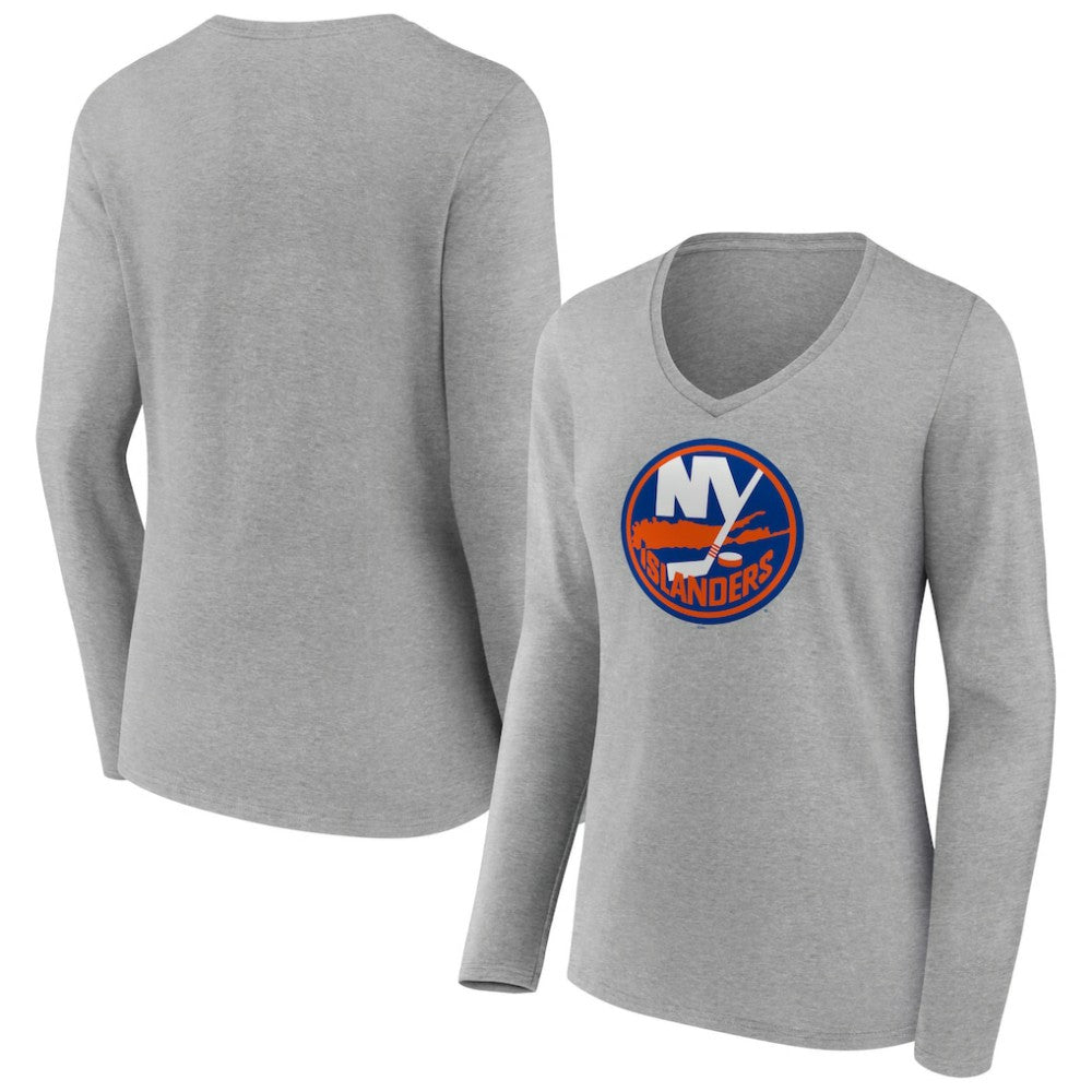 New York Islanders Women's Primary Logo Team Long Sleeve V-Neck T-Shirt Heather Gray