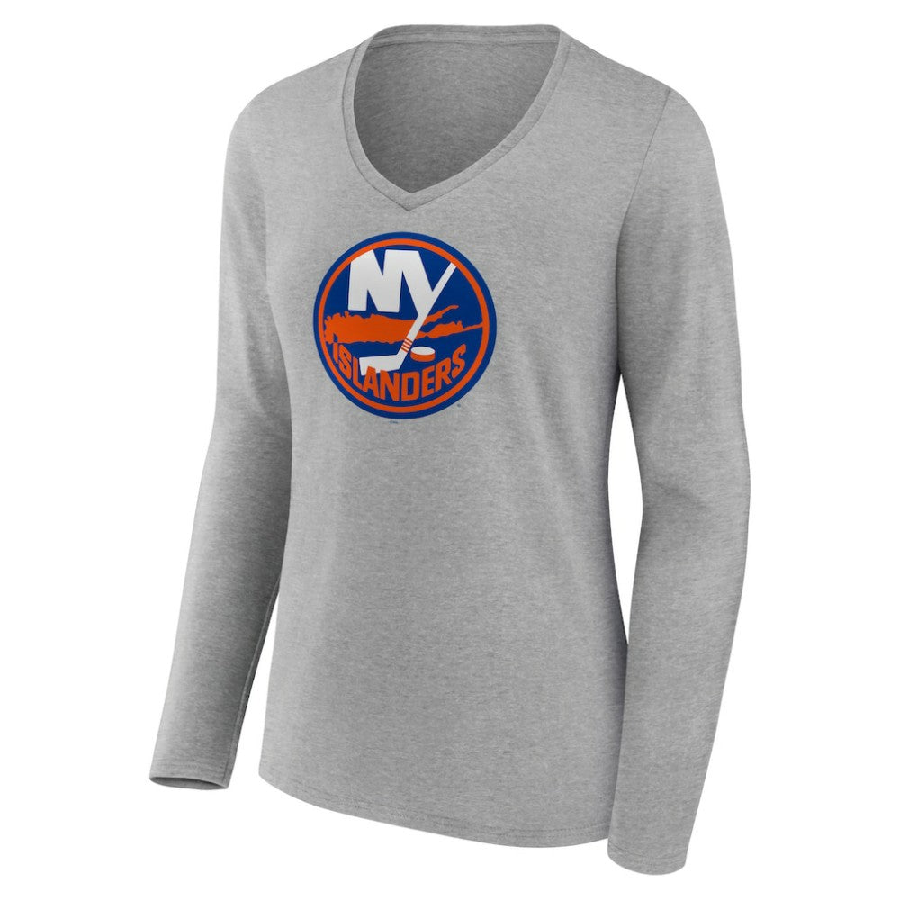 New York Islanders Women's Primary Logo Team Long Sleeve V-Neck T-Shirt Heather Gray