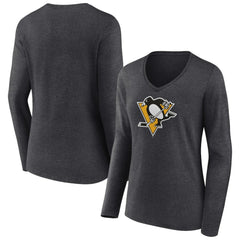 Pittsburgh Penguins Women's Primary Team Logo Long Sleeve V-Neck T-Shirt Heather Charcoal