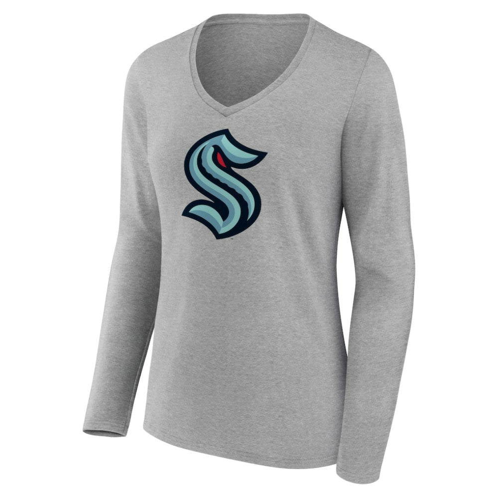 Seattle Kraken Women's Primary Logo Team Long Sleeve V-Neck T-Shirt Heather Gray
