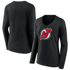 New Jersey Devils Women's Primary Team Logo Long Sleeve V-Neck T-Shirt Black