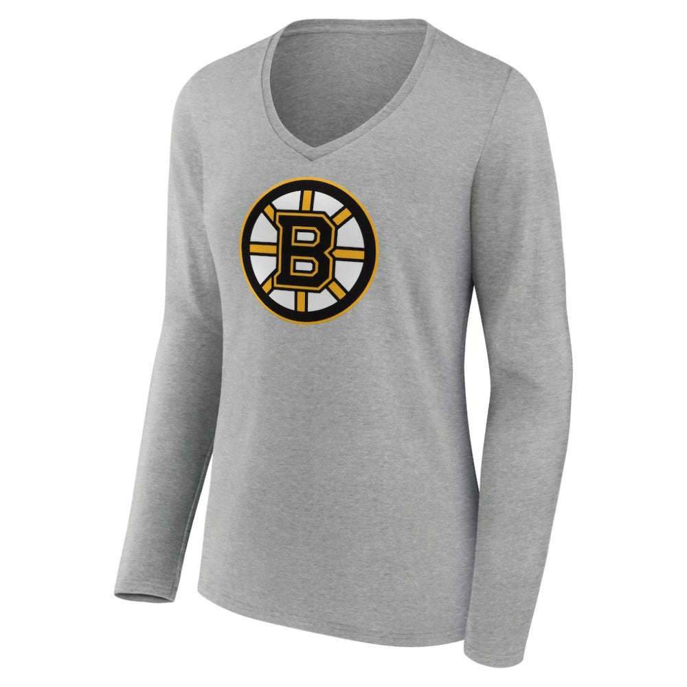 Boston Bruins Women's Primary Logo Team Long Sleeve V-Neck T-Shirt Heather Gray