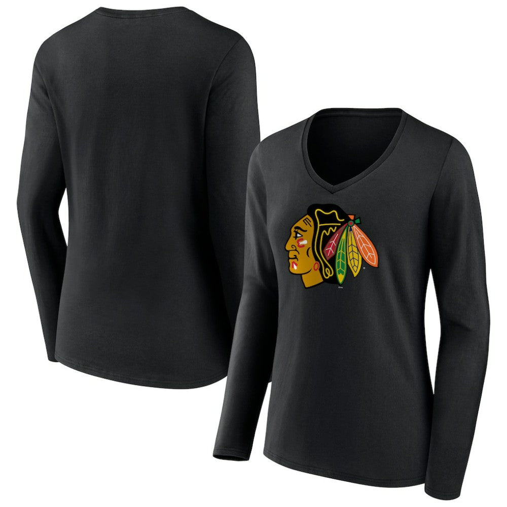 Chicago Blackhawks Women's Primary Team Logo Long Sleeve V-Neck T-Shirt Black