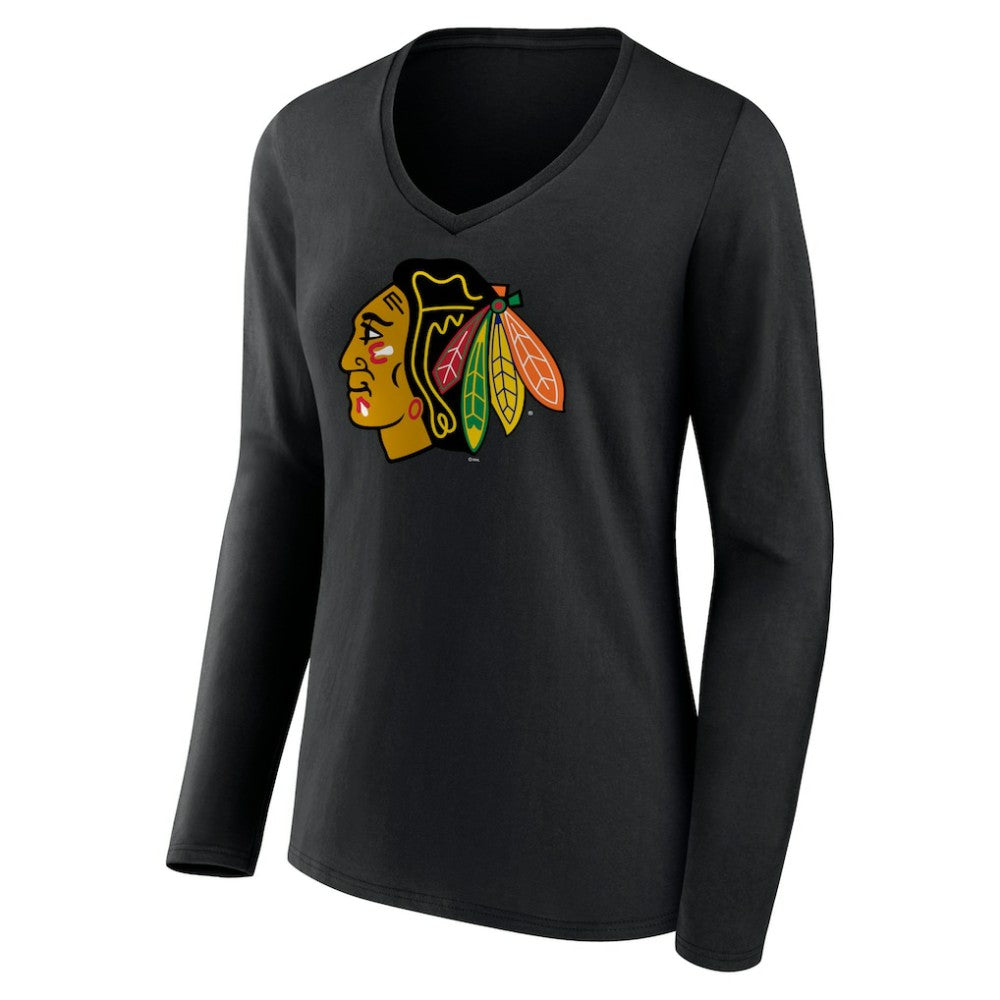 Chicago Blackhawks Women's Primary Team Logo Long Sleeve V-Neck T-Shirt Black