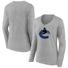 Vancouver Canucks Women's Primary Logo Team Long Sleeve V-Neck T-Shirt Heather Gray