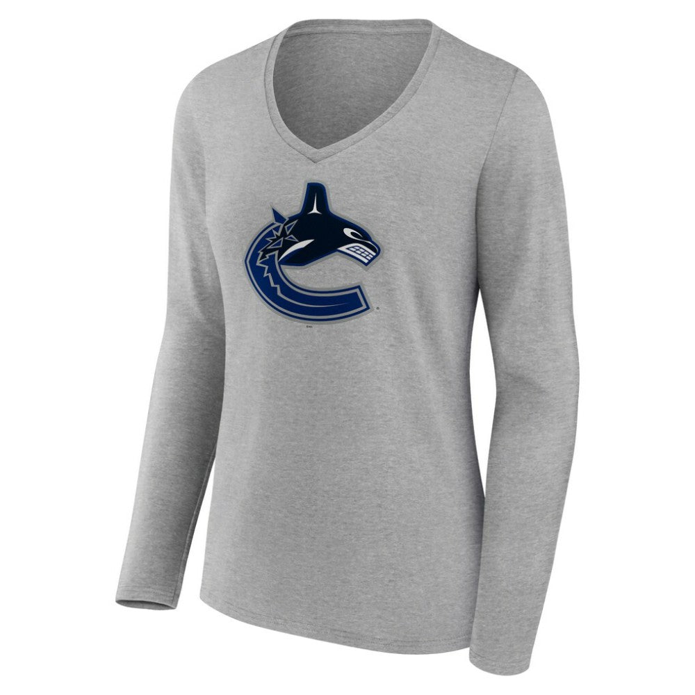 Vancouver Canucks Women's Primary Logo Team Long Sleeve V-Neck T-Shirt Heather Gray