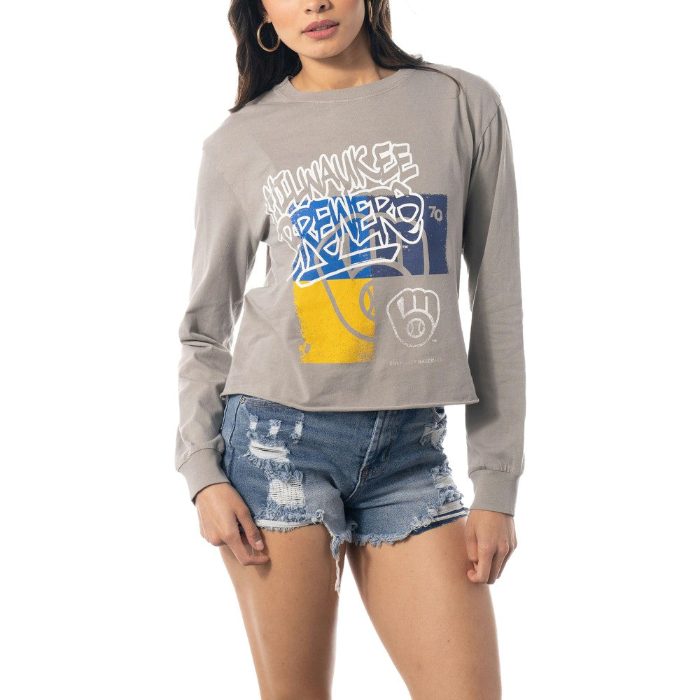 Milwaukee Brewers The Wild Collective Women's Cropped Long Sleeve T-Shirt - Gray