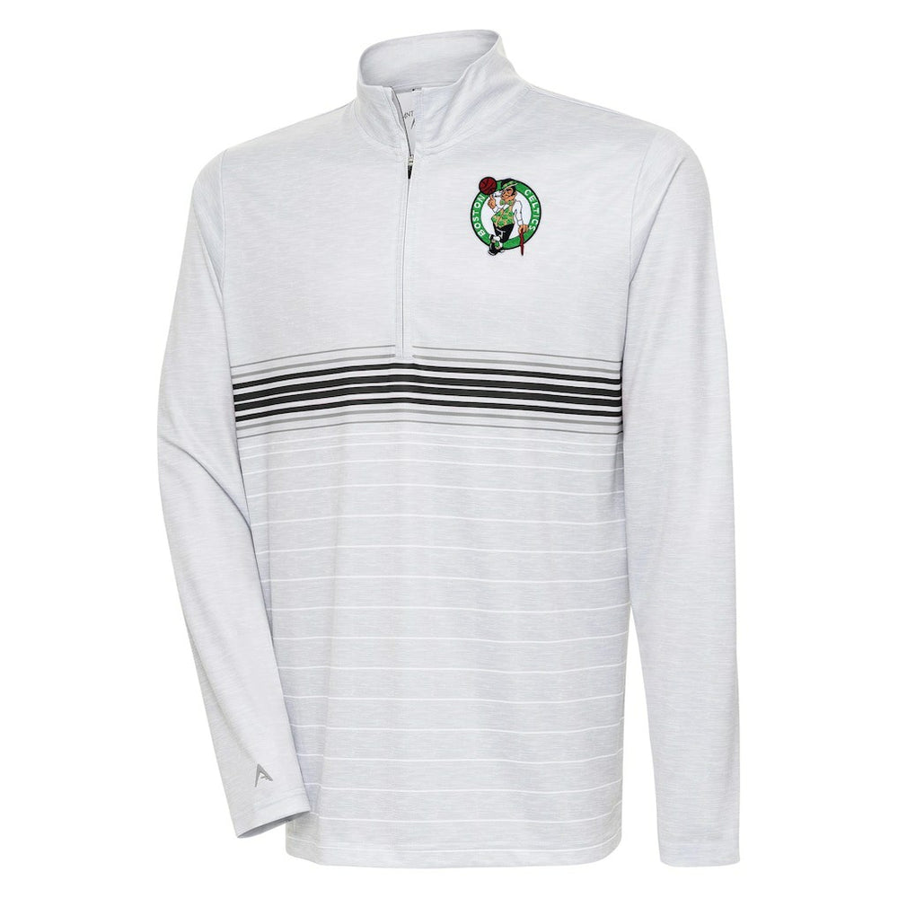 Boston Celtics Antigua Bullseye Quarter-Zip Pullover Top - Heather Gray/Black for sale