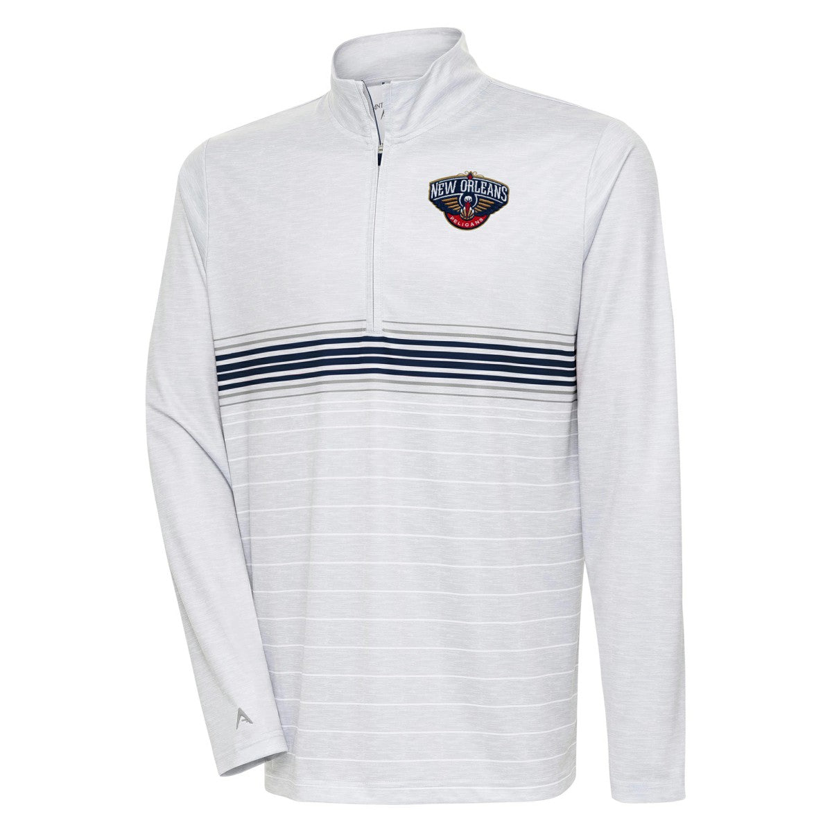 New Orleans Pelicans Antigua Bullseye Quarter-Zip Pullover Top - Heather Gray/Navy sale