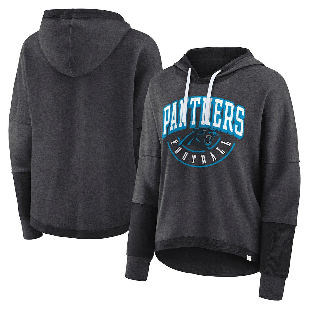 Carolina Panthers Women's Lightewight Modest Crop Lounge Helmet Arch Pullover Hoodie - Charcoal sale