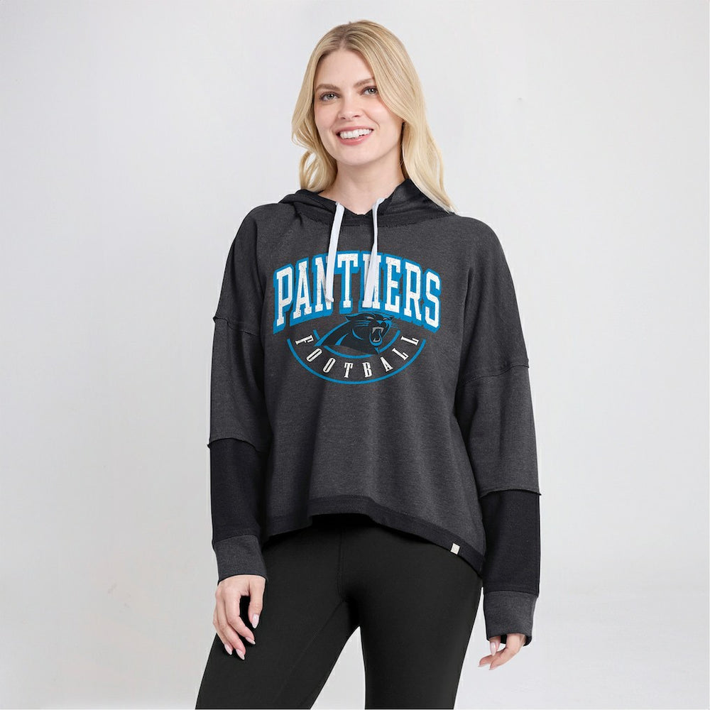 Carolina Panthers Women's Lightewight Modest Crop Lounge Helmet Arch Pullover Hoodie - Charcoal sale