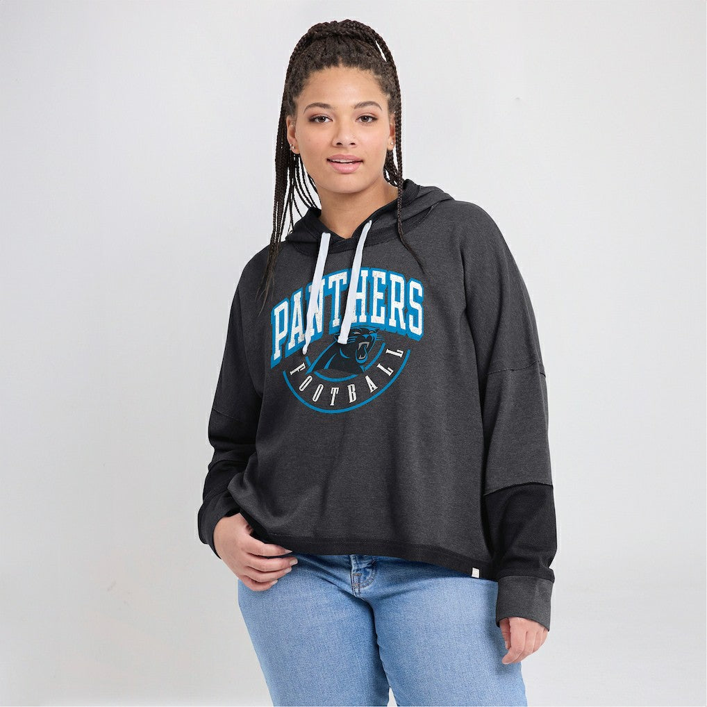 Carolina Panthers Women's Lightewight Modest Crop Lounge Helmet Arch Pullover Hoodie - Charcoal sale