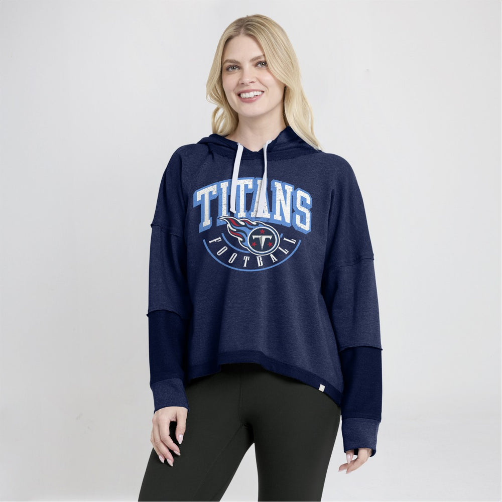 Tennessee Titans Women's Lightewight Modest Crop Lounge Helmet Arch Pullover Hoodie - Navy on sale