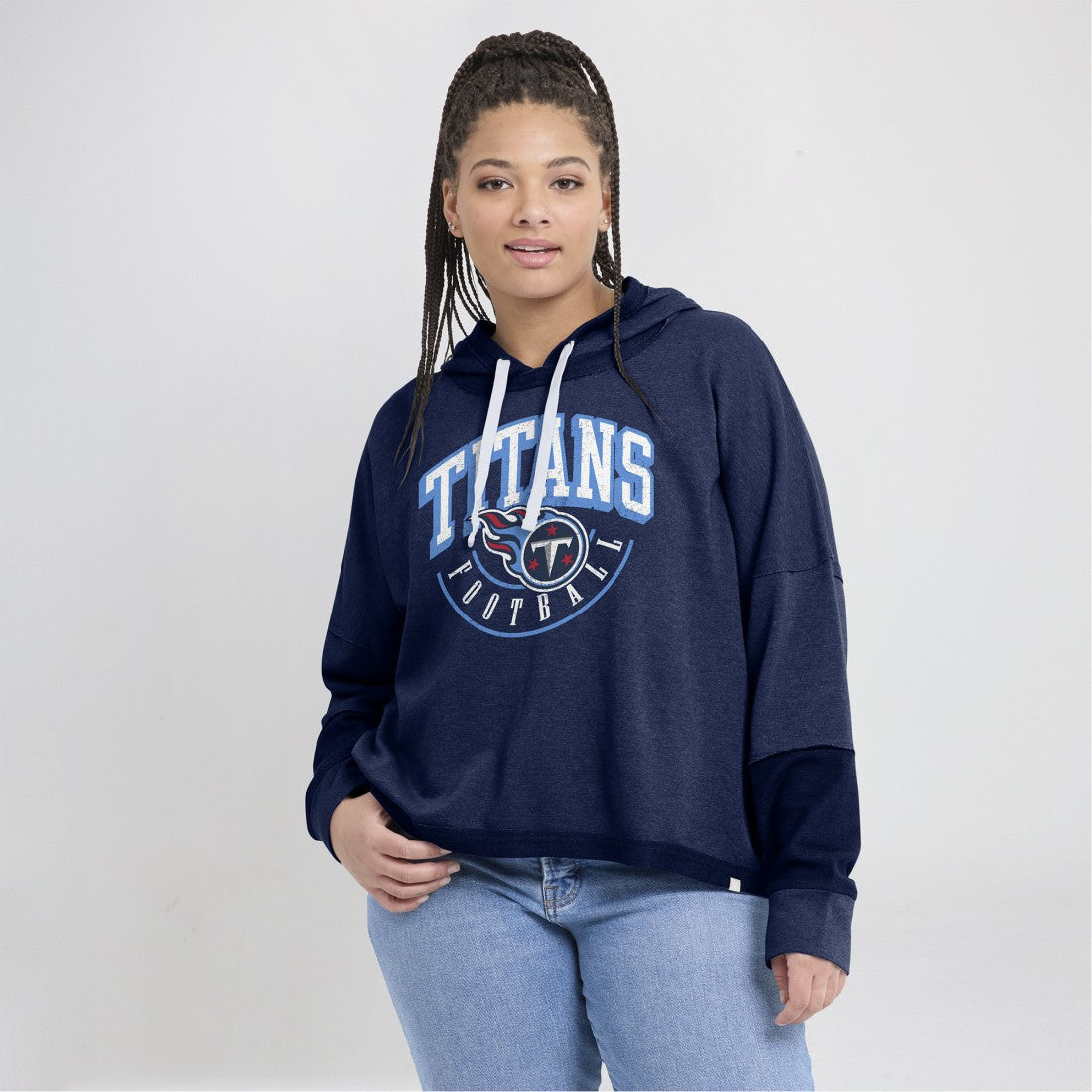Tennessee Titans Women's Lightewight Modest Crop Lounge Helmet Arch Pullover Hoodie - Navy on sale