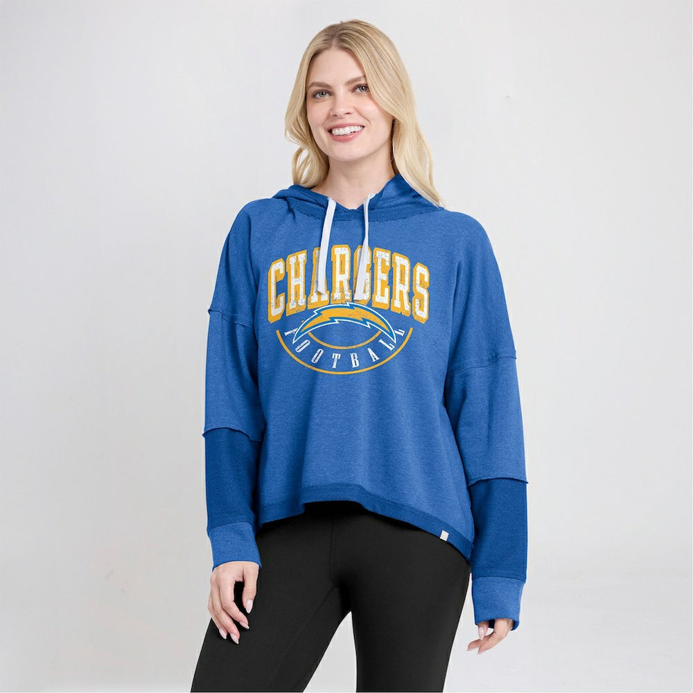 Los Angeles Chargers Women's Lightewight Modest Crop Lounge Helmet Arch Pullover Hoodie - Powder Blue cheap