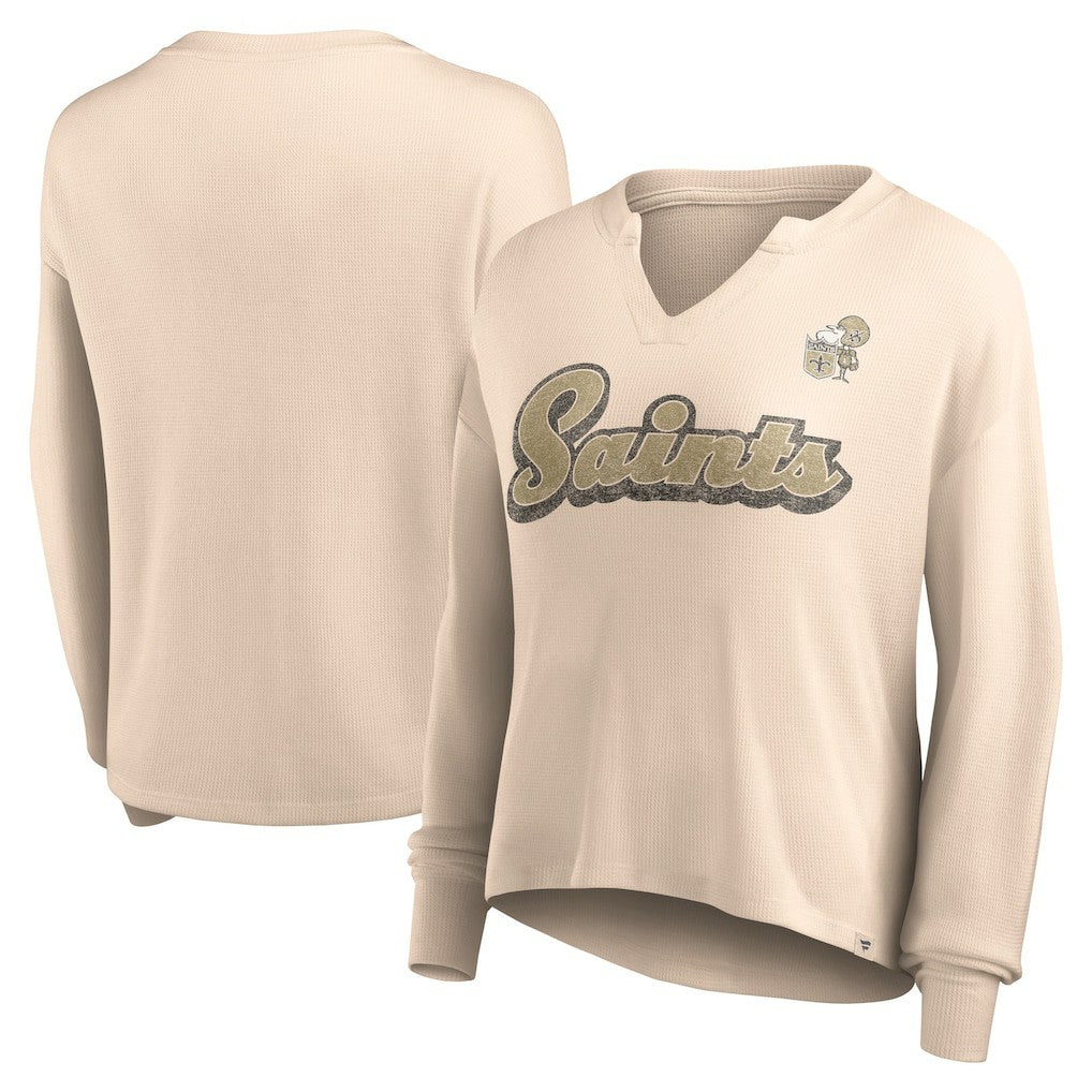 New Orleans Saints Women's Go For It Notch Neck Waffle Knit Lightweight Long Sleeve T-Shirt - Tan outlet