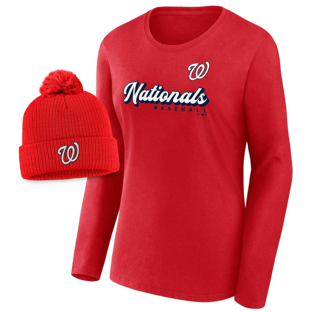 Washington Nationals Women's Run The Bases Long Sleeve T-Shirt & Cuffed Knit Hat with Pom Combo Set - Red
