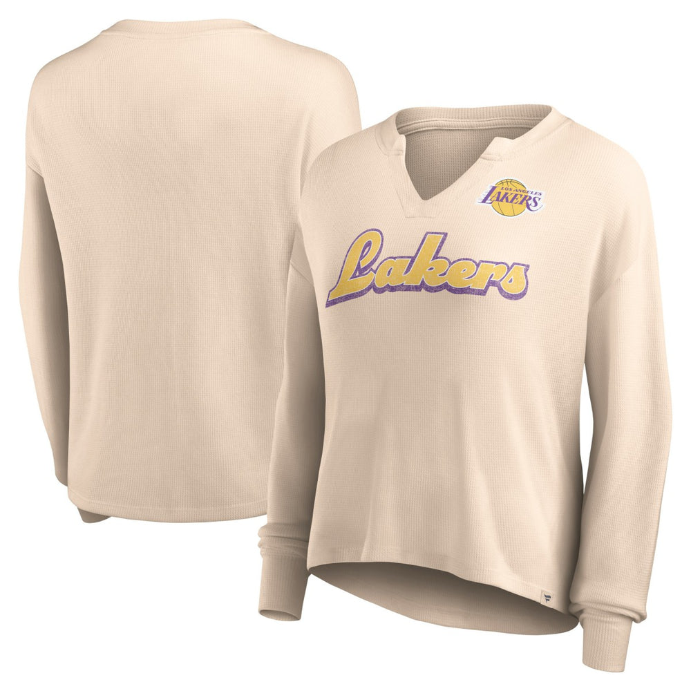 Los Angeles Lakers Women's Go For It Long Sleeve Notch Neck T-Shirt - Tan | Fanatics shop