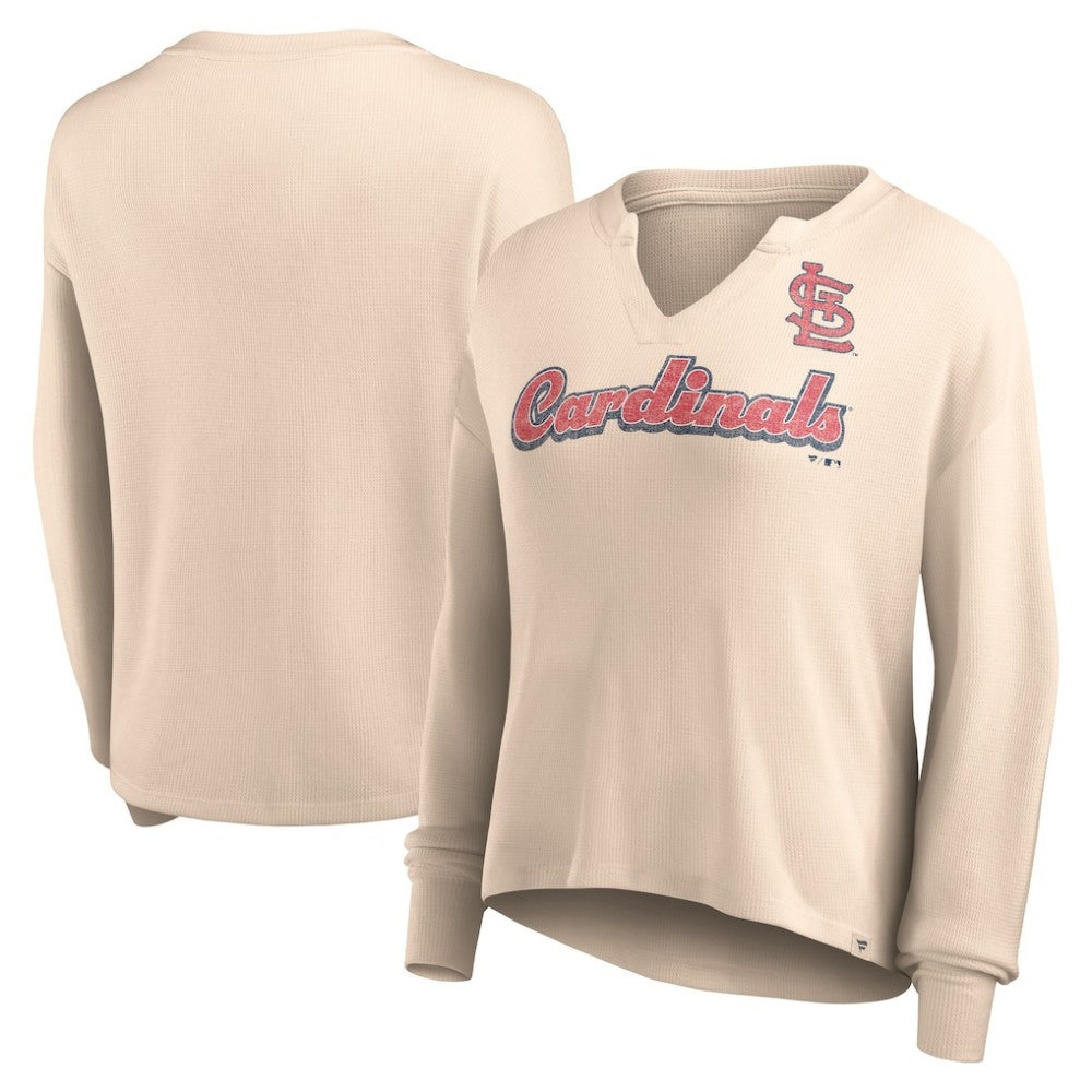 St. Louis Cardinals Women's Go For It Waffle Knit Long Sleeve Notch Neck T-Shirt - Cream
