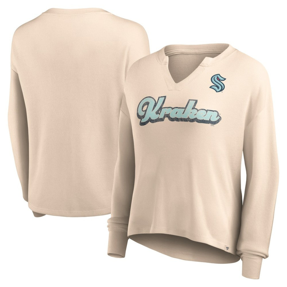 Seattle Kraken Fanatics Women's Go For It Notch Neck Waffle Knit Long Sleeve T-Shirt Oatmeal