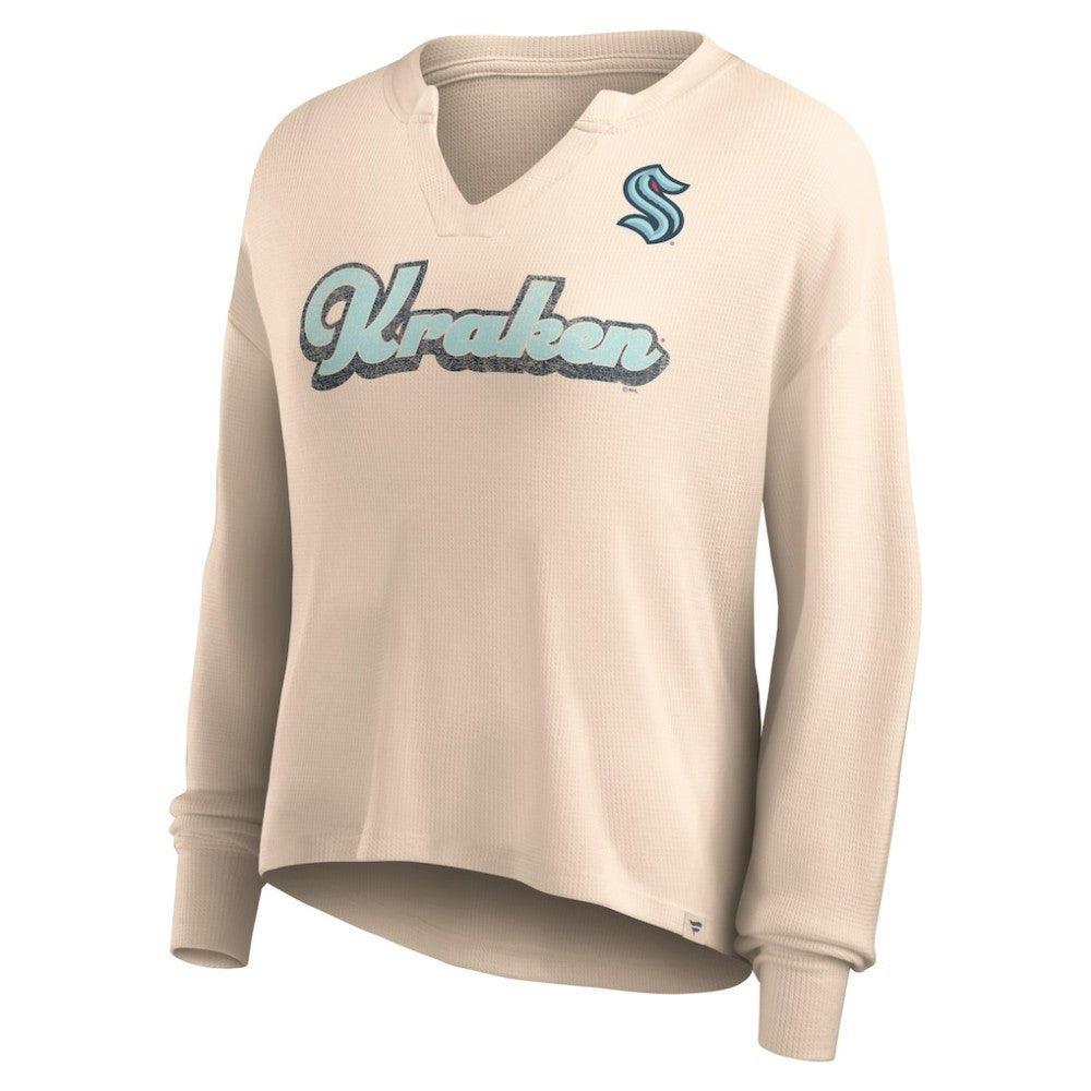 Seattle Kraken Fanatics Women's Go For It Notch Neck Waffle Knit Long Sleeve T-Shirt Oatmeal