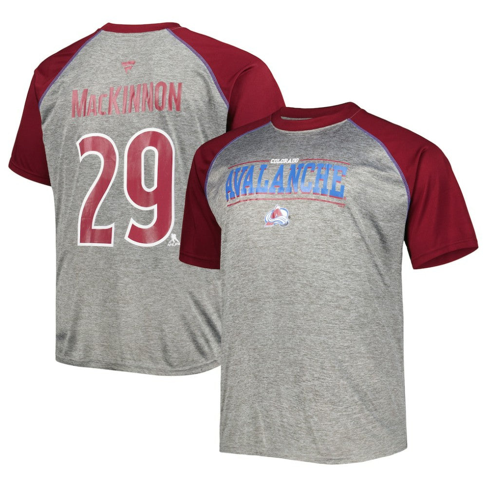 Nathan MacKinnon Colorado Avalanche Fanatics Big & Tall Contrast Raglan Name & Number T-Shirt Heather Gray/Burgundy