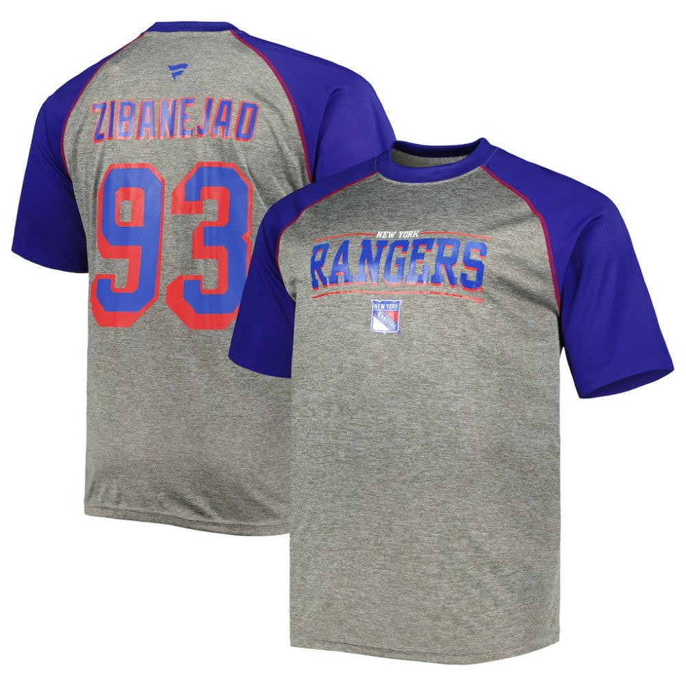 Mika Zibanejad New York Rangers Fanatics Big & Tall Contrast Raglan Name & Number T-Shirt Heather Gray/Blue
