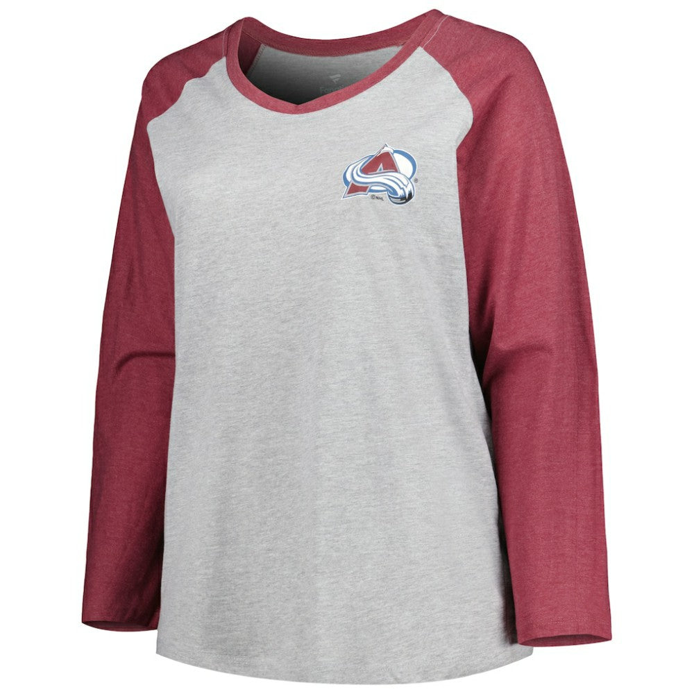 Nathan MacKinnon Colorado Avalanche Fanatics Women's Plus Size Name & Number Raglan Long Sleeve T-Shirt Heather Gray/Heather Burgundy