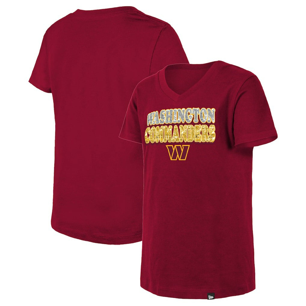 Washington Commanders New Era Girls Youth Reverse Sequin V-Neck T-Shirt - Burgundy on sale