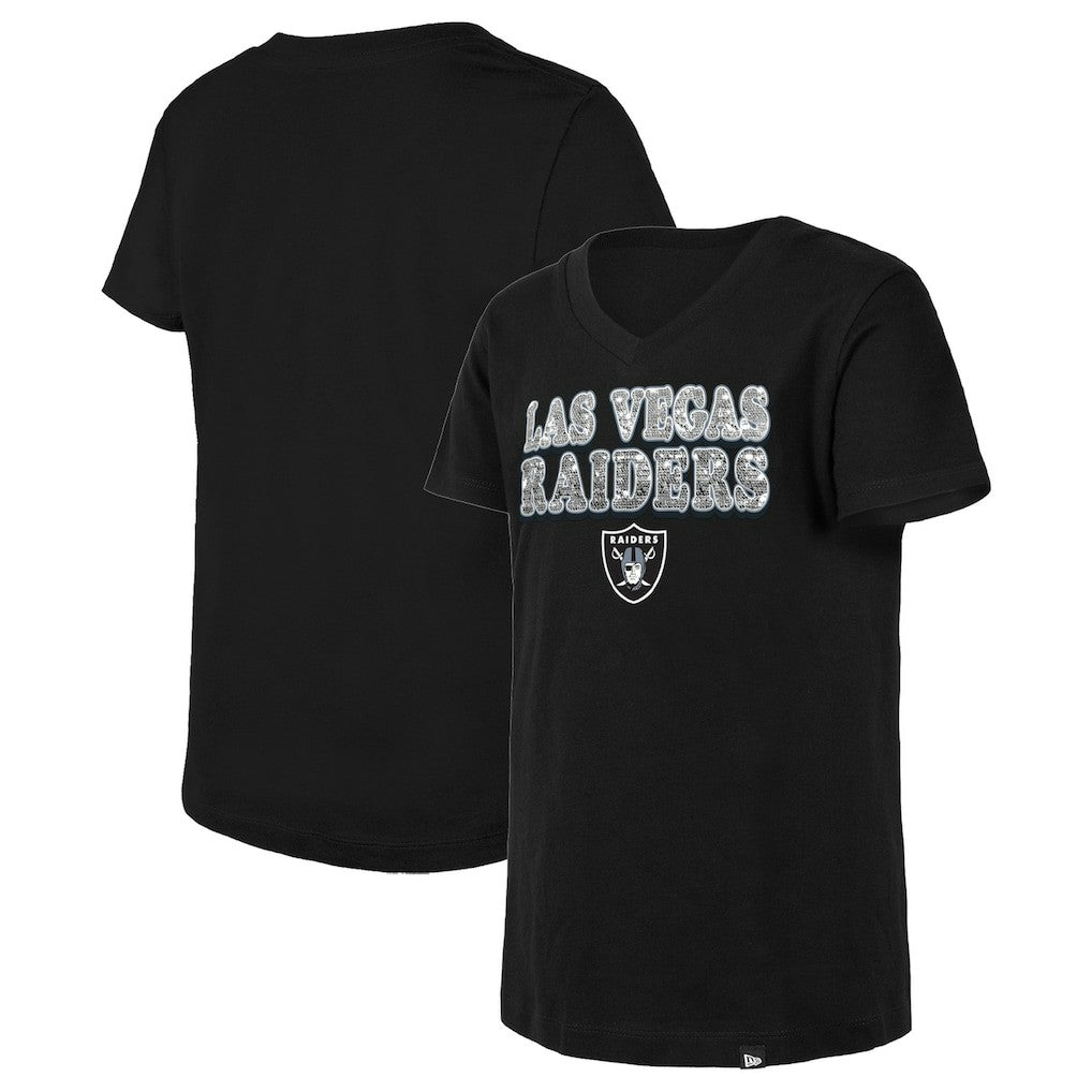 Las Vegas Raiders New Era Girls Youth Reverse Sequin V-Neck T-Shirt - Black for sale