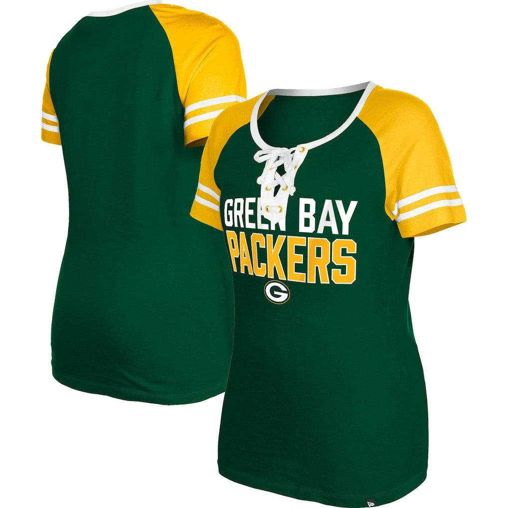 Green Bay Packers New Era Women's Raglan Lace-Up T-Shirt - Green discount